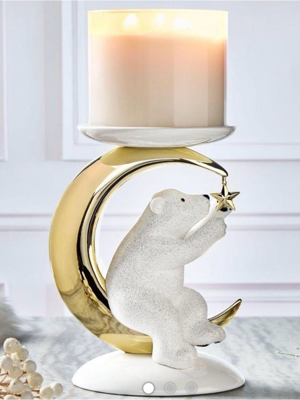 Bath & Body Works White Glitter Polar Bear on Gold Moon Figurine